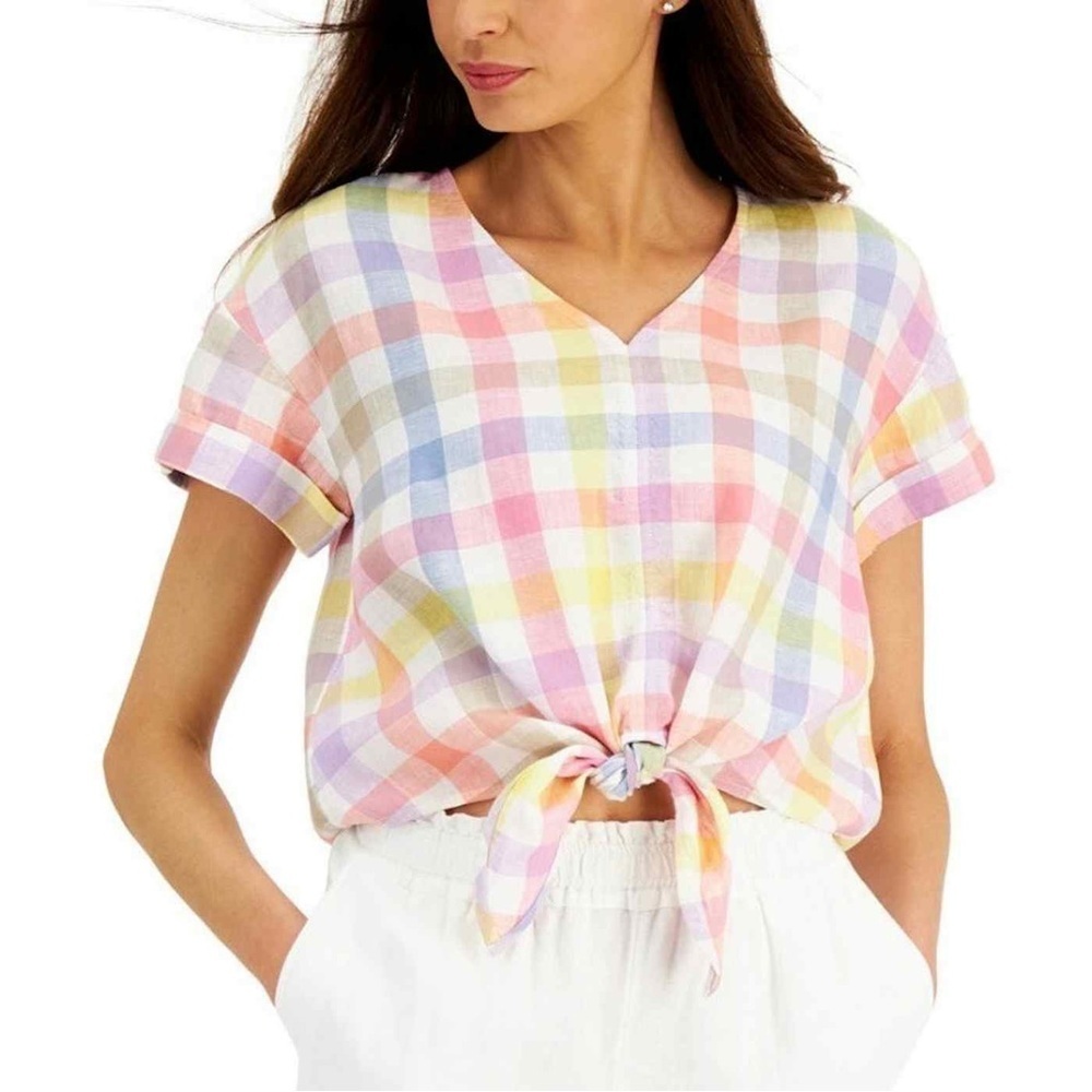 Charter Club Luxury Linen Gingham Tie-Front Size M Blouse Multicolor Spring